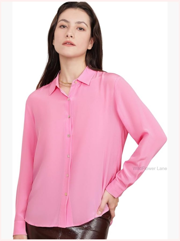 Pure Silk Blouse For Women Long Sleeve Button Down V-Neck Luxurious Casual